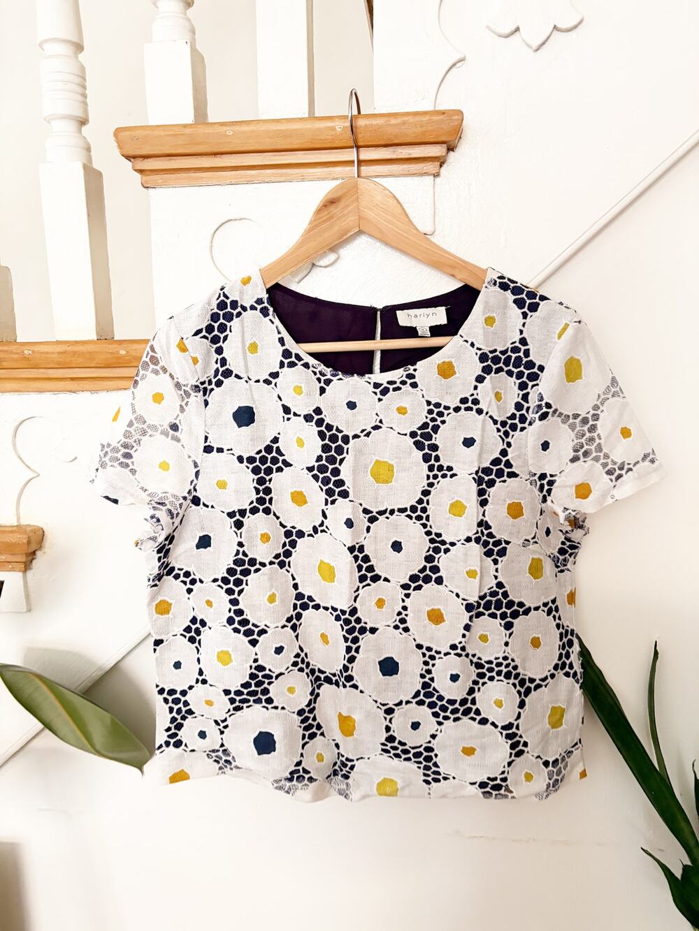 Harlyn Women's White Navy Yellow Floral Lace Overlay Blouse Size M
